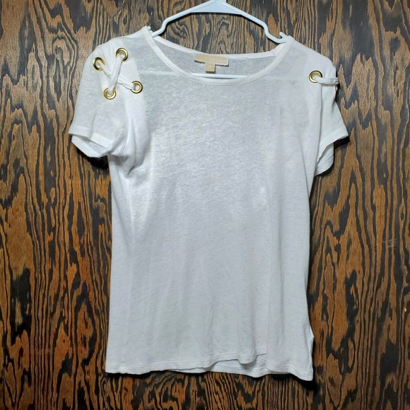 Michael Kors Women's White Gold Lace Up Basic T-Shirt Size  X-Small GUC - Picture 1 of 9